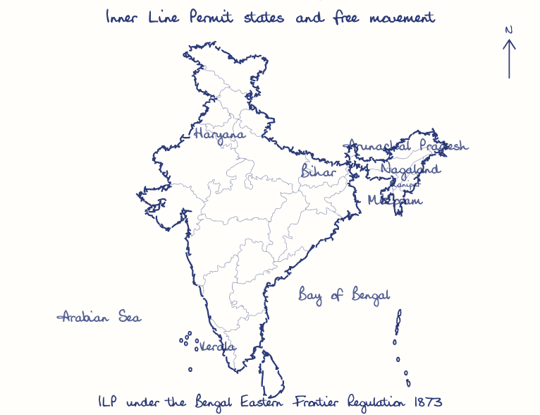 Hand-drawn map: Inner Line Permit states and free movement. Marked: .