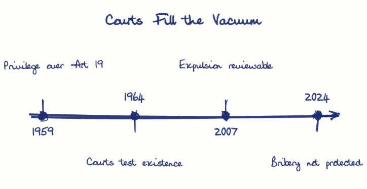 Hand-drawn diagram: Courts Fill the Vacuum. Courts Fill the Vacuum. Diagram (timeline): Courts Fill the Vacuum; 1959; Privilege over Art 19; 1964; Courts test existence; 2007; Expulsion reviewable; 2024; Bribery not protected