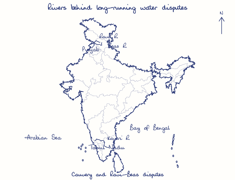 Hand-drawn map: Rivers behind long-running water disputes. Marked: . Rivers: Kaveri, Ravi, Beas.