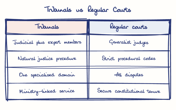 Hand-drawn diagram: Tribunals vs Regular Courts. Tribunals vs Regular Courts. Comparison of Tribunals and Regular courts