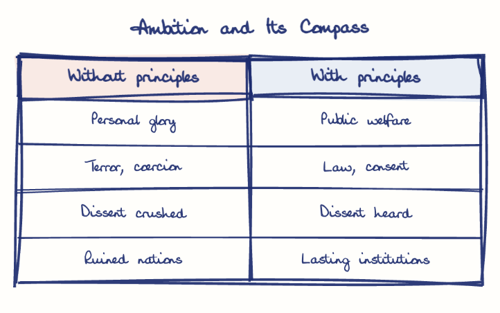 Hand-drawn diagram: Ambition and Its Compass. Ambition and Its Compass. Comparison of Without principles and With principles