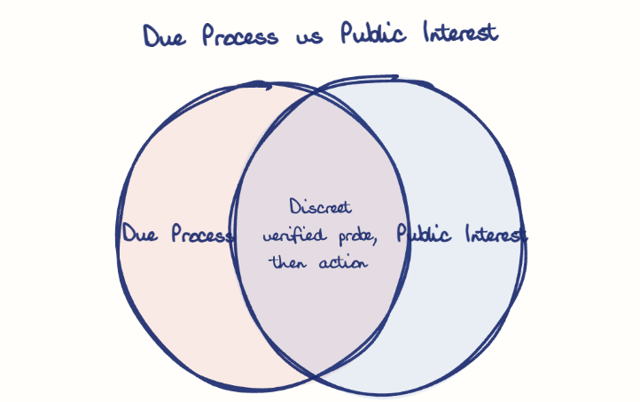 Hand-drawn diagram: Due Process vs Public Interest. Due Process vs Public Interest. Venn diagram: Due Process, Public Interest; overlap: Discreet verified probe, then action