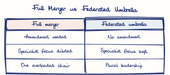 Hand-drawn diagram: Full Merger vs Federated Umbrella. Full Merger vs Federated Umbrella. Comparison of Full merger and Federated umbrella