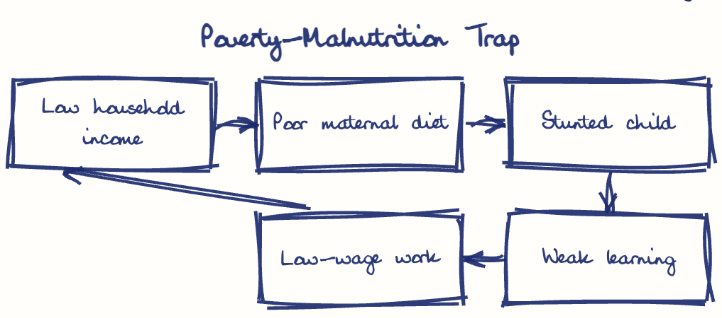 Hand-drawn diagram: Poverty-Malnutrition Trap. Poverty-Malnutrition Trap. Flow: Low household income → Poor maternal diet → Stunted child → Weak learning → Low-wage work → (back to start)
