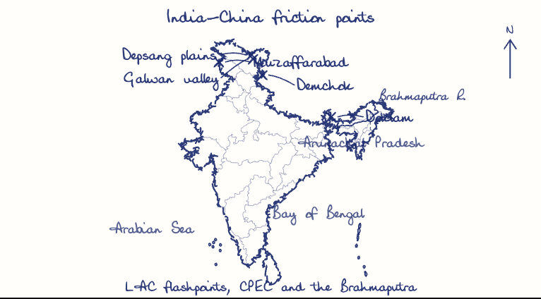 Hand-drawn map: India-China friction points. Marked: Galwan valley, Depsang plains, Demchok, Doklam, Muzaffarabad. Rivers: Brahmaputra.