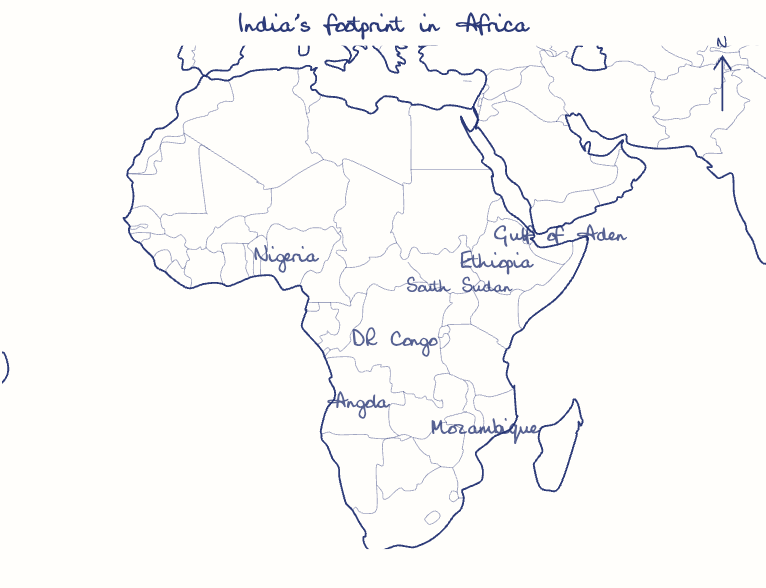 Hand-drawn map: India's footprint in Africa. Marked: .