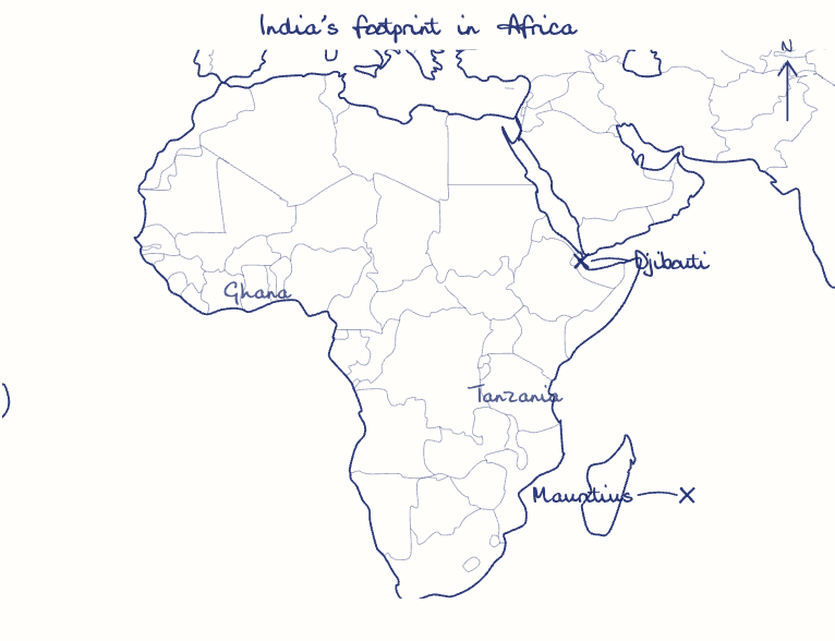 Hand-drawn map: India's footprint in Africa. Marked: Mauritius, Djibouti.