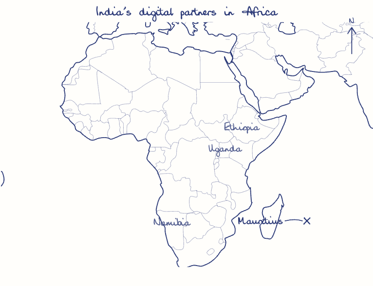 Hand-drawn map: India's digital partners in Africa. Marked: Mauritius.