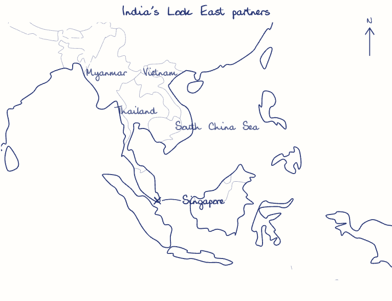 Hand-drawn map: India's Look East partners. Marked: Singapore.