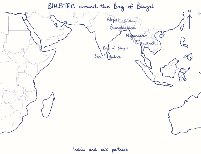 Hand-drawn map: BIMSTEC around the Bay of Bengal. Marked: .