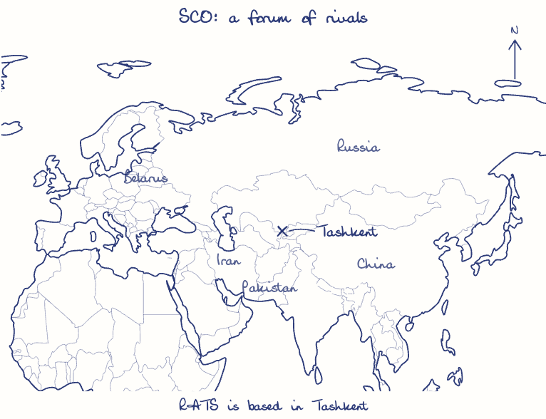 Hand-drawn map: SCO: a forum of rivals. Marked: Tashkent.