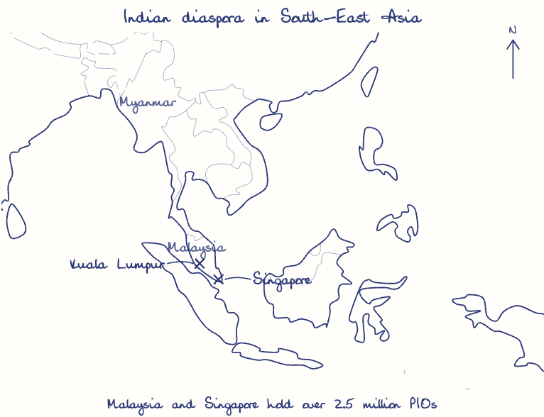 Hand-drawn map: Indian diaspora in South-East Asia. Marked: Kuala Lumpur, Singapore.