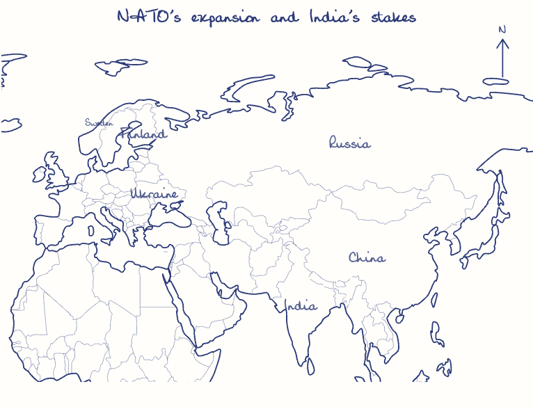 Hand-drawn map: NATO's expansion and India's stakes. Marked: .