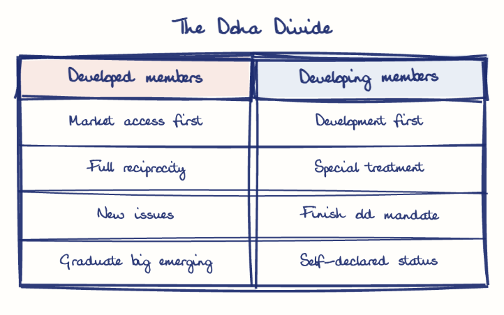 Hand-drawn diagram: The Doha Divide. The Doha Divide. Comparison of Developed members and Developing members