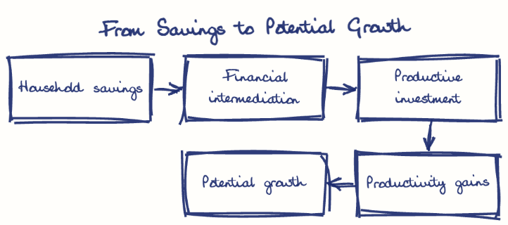 Hand-drawn diagram: From Savings to Potential Growth. From Savings to Potential Growth. Flow: Household savings → Financial intermediation → Productive investment → Productivity gains → Potential growth