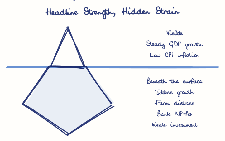 Hand-drawn diagram: Headline Strength, Hidden Strain. Headline Strength, Hidden Strain. Diagram (iceberg): Headline Strength, Hidden Strain; Steady GDP growth; Low CPI inflation; Jobless growth; Farm distress; Bank NPAs; Weak investment