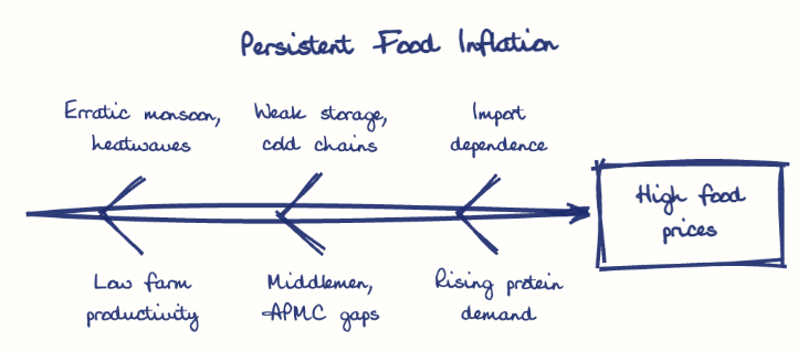 Hand-drawn diagram: Persistent Food Inflation. Persistent Food Inflation. Diagram (fishbone): Persistent Food Inflation; High food prices; Erratic monsoon, heatwaves; Low farm productivity; Weak storage, cold chains; Middlemen, APMC gaps; Import dependence; Rising protein demand