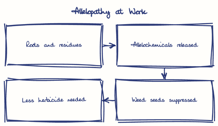 Hand-drawn diagram: Allelopathy at Work. Allelopathy at Work. Flow: Roots and residues → Allelochemicals released → Weed seeds suppressed → Less herbicide needed