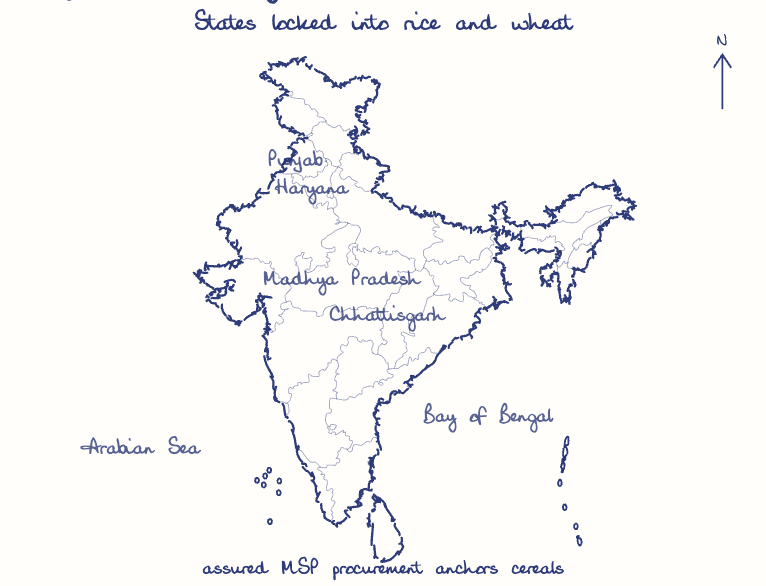 Hand-drawn map: States locked into rice and wheat. Marked: .
