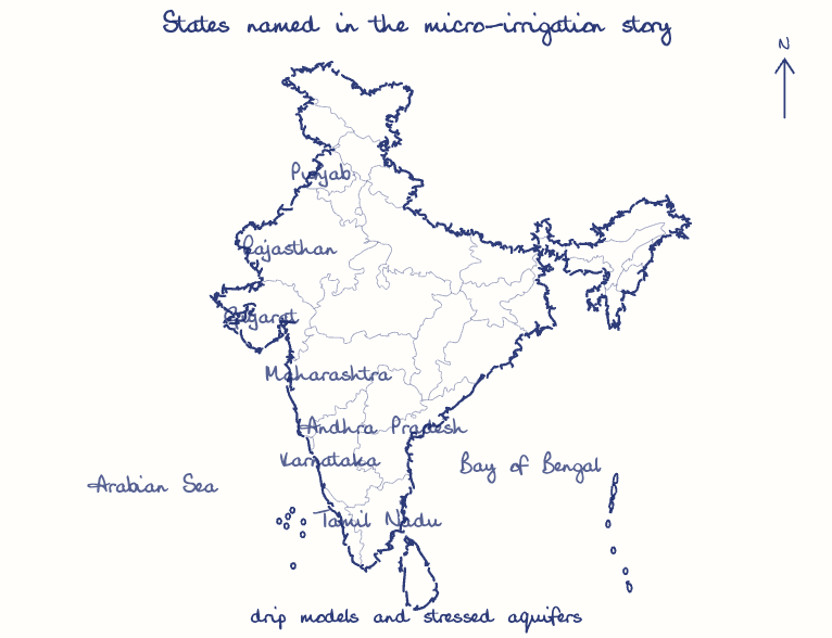 Hand-drawn map: States named in the micro-irrigation story. Marked: .