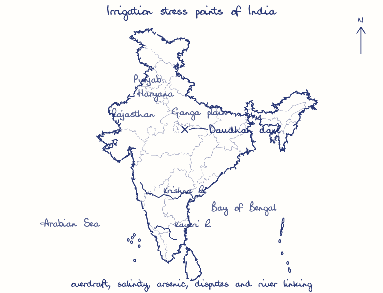 Hand-drawn map: Irrigation stress points of India. Marked: Daudhan dam. Rivers: Kaveri, Krishna.