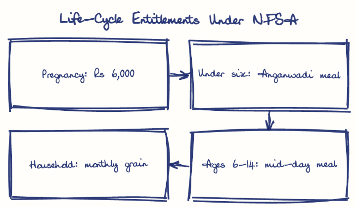 Hand-drawn diagram: Life-Cycle Entitlements Under NFSA. Life-Cycle Entitlements Under NFSA. Flow: Pregnancy: Rs 6,000 → Under six: Anganwadi meal → Ages 6-14: mid-day meal → Household: monthly grain