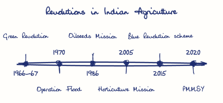 Hand-drawn diagram: Revolutions in Indian Agriculture. Revolutions in Indian Agriculture. Diagram (timeline): Revolutions in Indian Agriculture; 1966-67; Green Revolution; 1970; Operation Flood; 1986; Oilseeds Mission; 2005; Horticulture Mission; 2015; Blue Revolution scheme; 2020