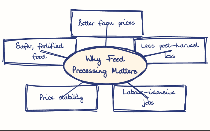 Hand-drawn diagram: Why Food Processing Matters. Mind map. Why Food Processing Matters: Better farm prices; Less post-harvest loss; Labour-intensive jobs; Price stability; Safer, fortified food