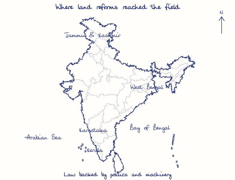 Hand-drawn map: Where land reforms reached the field. Marked: .