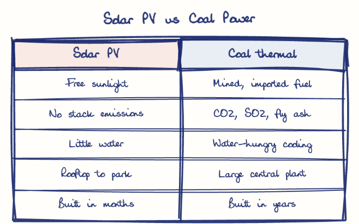 Hand-drawn diagram: Solar PV vs Coal Power. Solar PV vs Coal Power. Comparison of Solar PV and Coal thermal