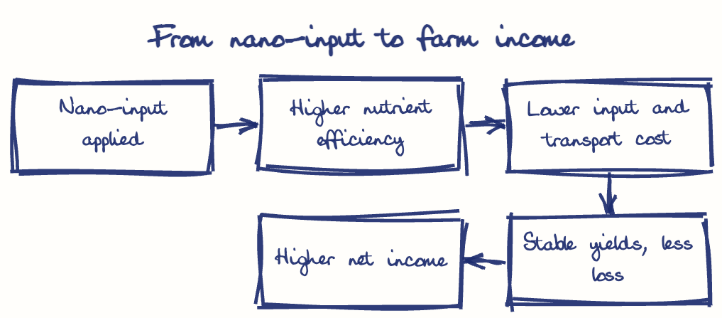 Hand-drawn diagram: From nano-input to farm income. From nano-input to farm income. Flow: Nano-input applied → Higher nutrient efficiency → Lower input and transport cost → Stable yields, less loss → Higher net income