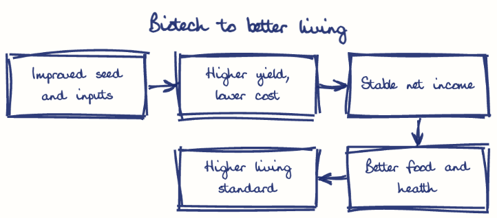 Hand-drawn diagram: Biotech to better living. Biotech to better living. Flow: Improved seed and inputs → Higher yield, lower cost → Stable net income → Better food and health → Higher living standard