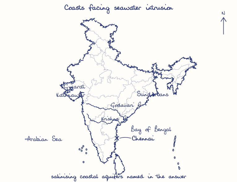 Hand-drawn map: Coasts facing seawater intrusion. Marked: Chennai. Rivers: Krishna, Godavari.