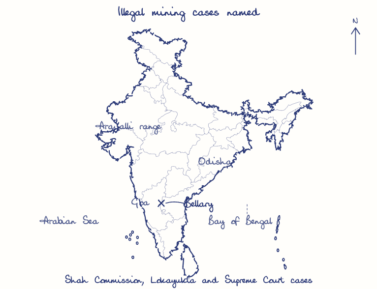Hand-drawn map: Illegal mining cases named. Marked: Bellary.