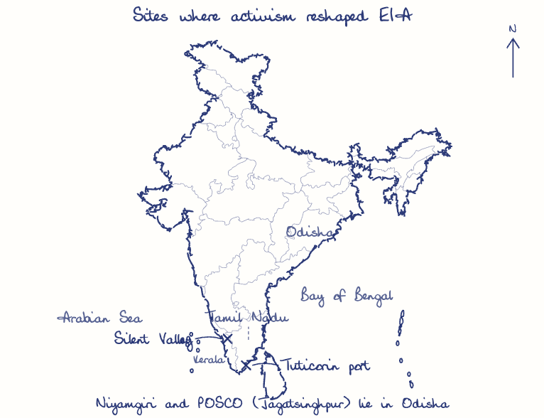Hand-drawn map: Sites where activism reshaped EIA. Marked: Silent Valley, Tuticorin port.