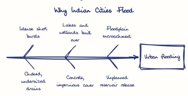 Hand-drawn diagram: Why Indian Cities Flood. Why Indian Cities Flood. Diagram (fishbone): Why Indian Cities Flood; Urban flooding; Intense short bursts; Choked, undersized drains; Lakes and wetlands built over; Concrete, impervious cover; Floodplain encroachment; Unplanned reservoir release