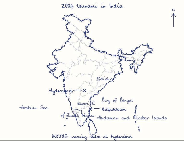 Hand-drawn map: 2004 tsunami in India. Marked: Kalpakkam, Hyderabad. Rivers: Kaveri.