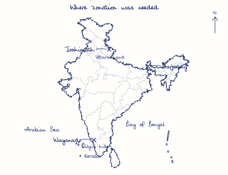 Hand-drawn map: Where zonation was needed. Marked: Joshimath, Wayanad, Darjeeling.