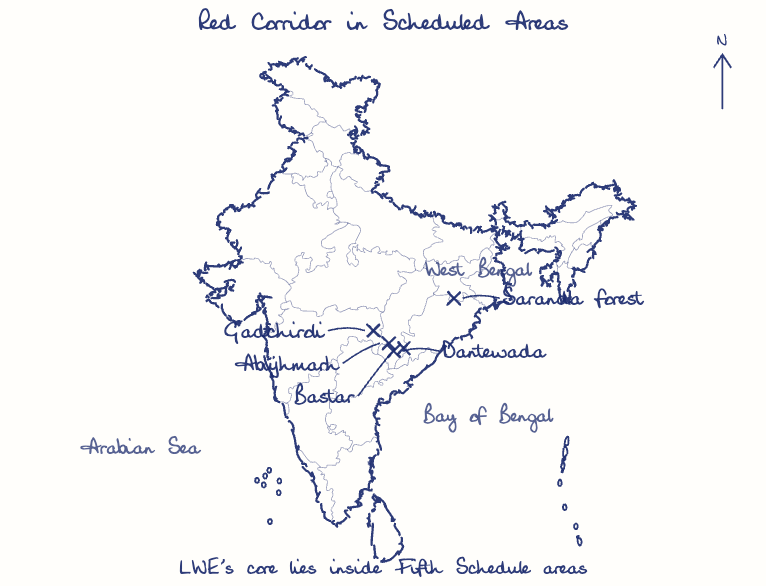 Hand-drawn map: Red Corridor in Scheduled Areas. Marked: Bastar, Dantewada, Abujhmarh, Gadchiroli, Saranda forest.