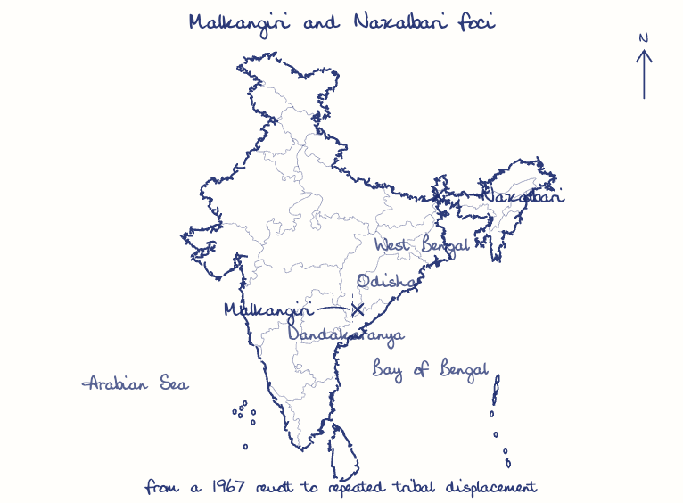 Hand-drawn map: Malkangiri and Naxalbari foci. Marked: Naxalbari, Malkangiri.