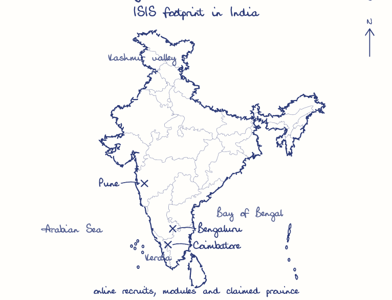 Hand-drawn map: ISIS footprint in India. Marked: Bengaluru, Coimbatore, Pune.
