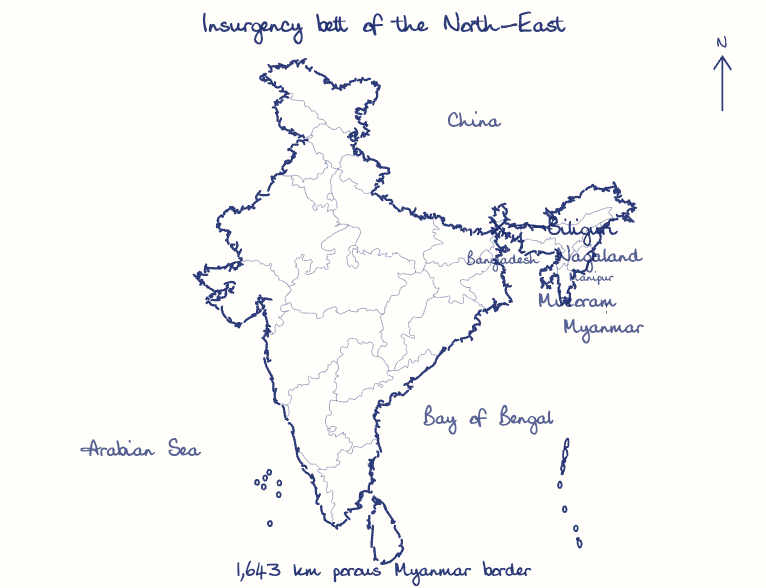 Hand-drawn map: Insurgency belt of the North-East. Marked: Siliguri.