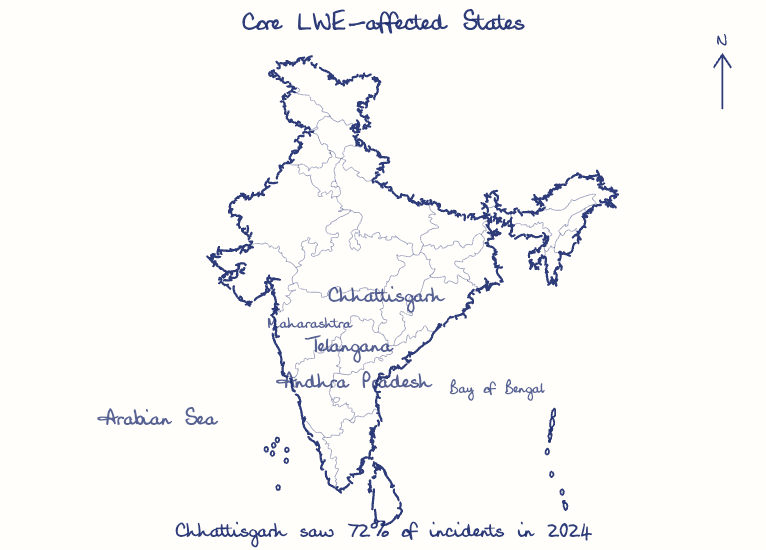 Hand-drawn map: Core LWE-affected States. Marked: .