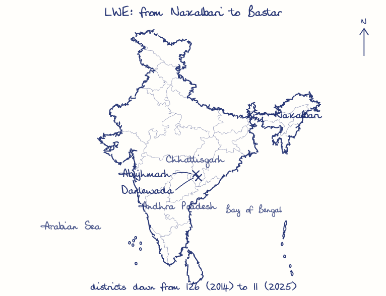 Hand-drawn map: LWE: from Naxalbari to Bastar. Marked: Naxalbari, Dantewada, Abujhmarh.