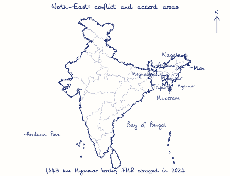 Hand-drawn map: North-East: conflict and accord areas. Marked: Mon.