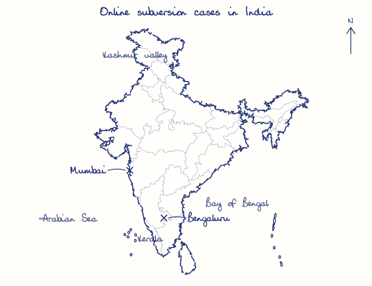 Hand-drawn map: Online subversion cases in India. Marked: Bengaluru, Mumbai.