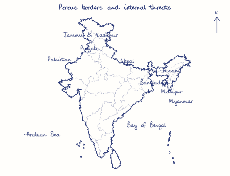 Hand-drawn map: Porous borders and internal threats. Marked: .