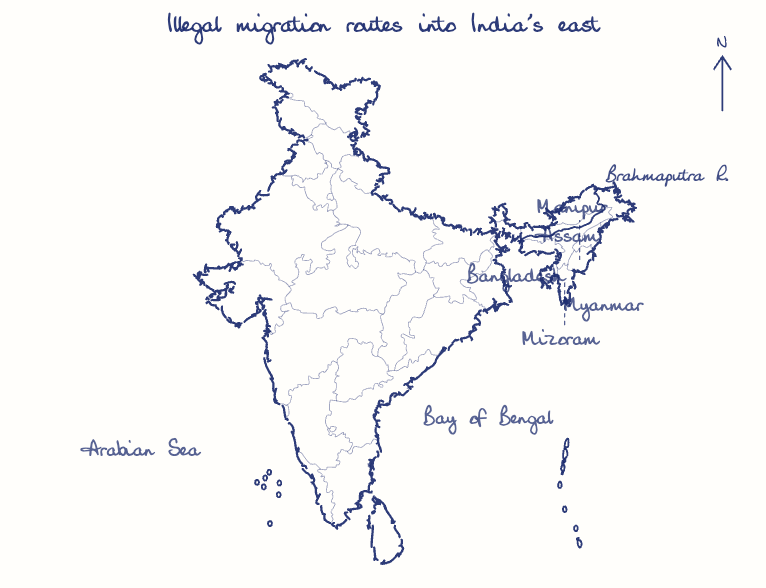 Hand-drawn map: Illegal migration routes into India's east. Marked: . Rivers: Brahmaputra.