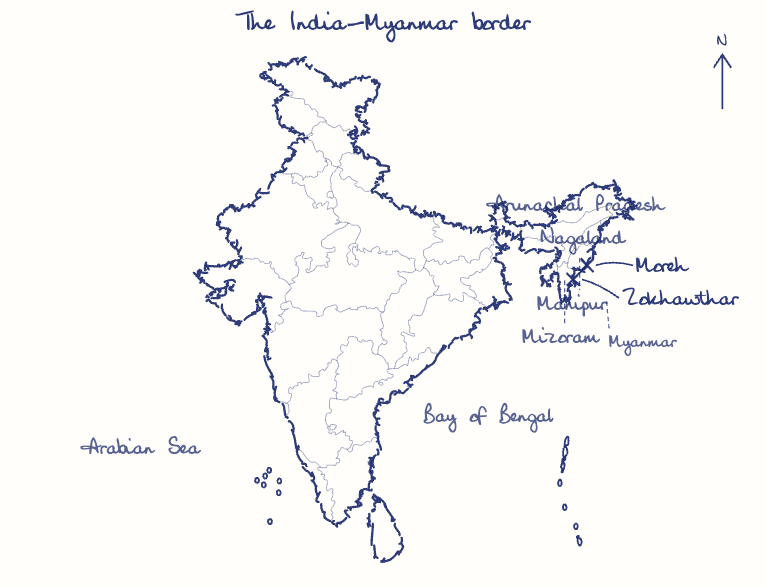 Hand-drawn map: The India-Myanmar border. Marked: Moreh, Zokhawthar.