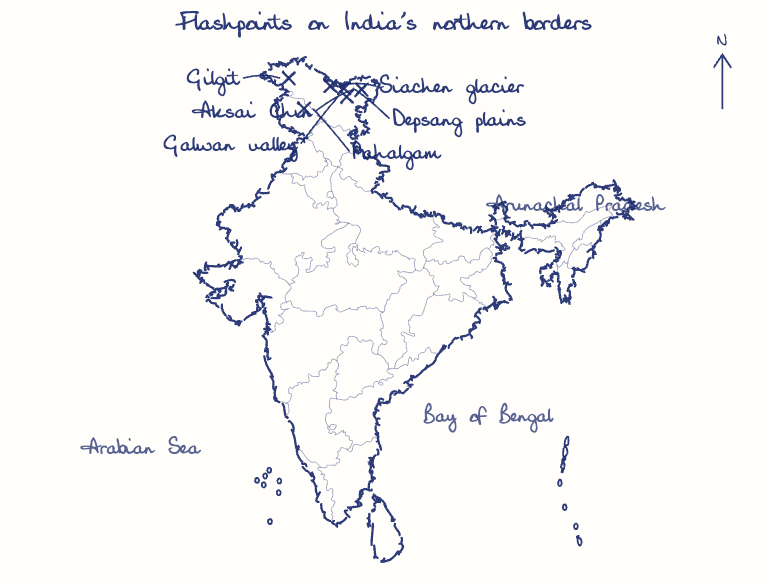 Hand-drawn map: Flashpoints on India's northern borders. Marked: Aksai Chin, Galwan valley, Depsang plains, Siachen glacier, Gilgit, Pahalgam.